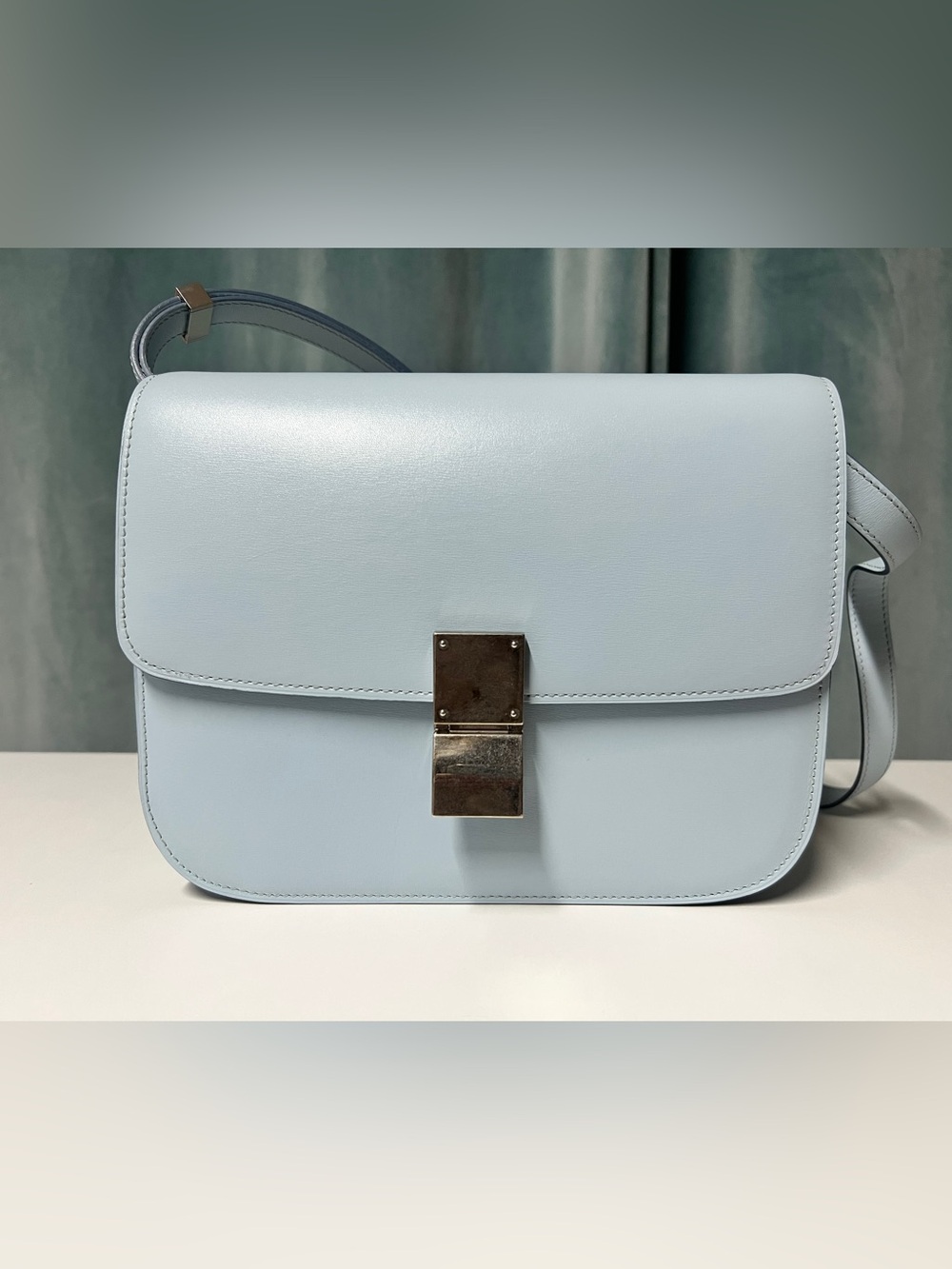 Celine Box Bag Light Blue Leather Crossbody Bag with Silver Hardware